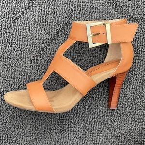 Adrienne Vittadini tan Varsity strappy heel
